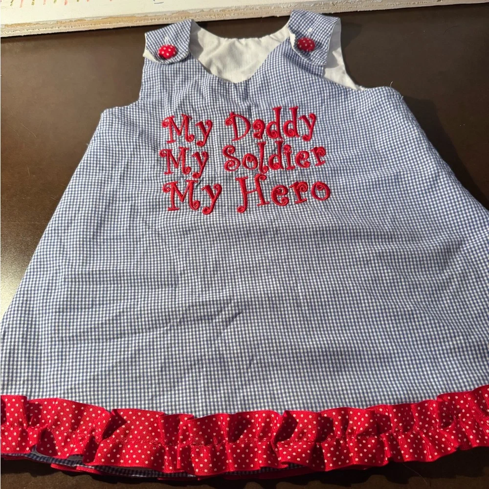 My Daddy My Soldier My Hero Blue Gingham Ruffle Dress Patriotic Military